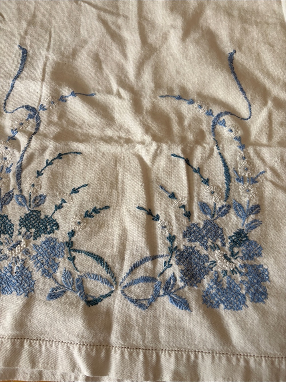 Embroidered Floral Pillowcase in Blue - Home Art Fiber Arts